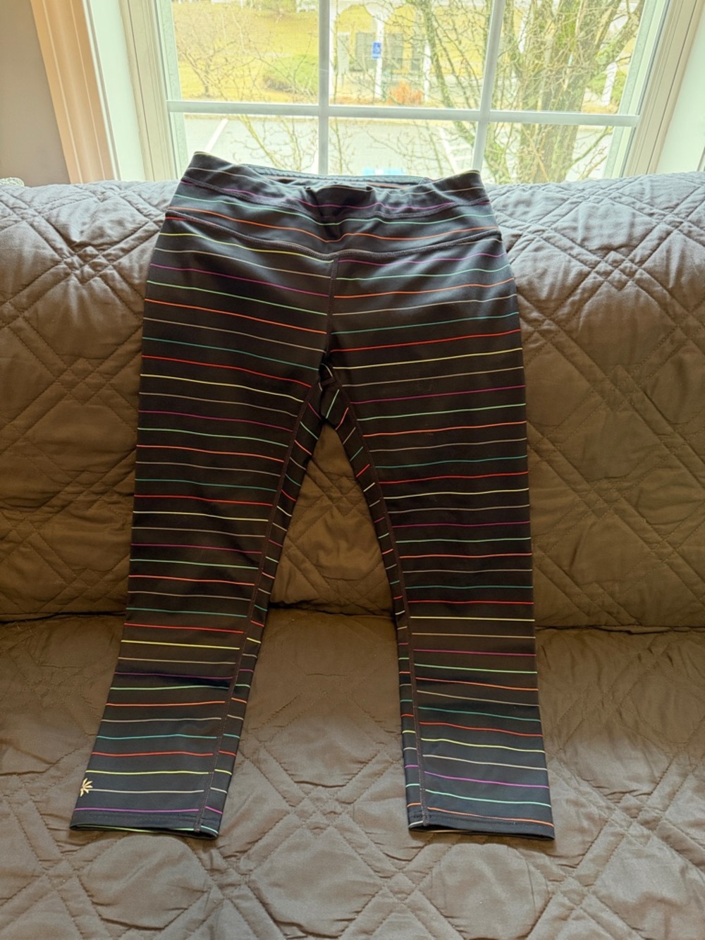 Athleta Navy Blue Leggings with Multicolor Stripe Detail